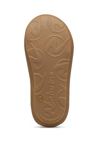 Suola di scarpa in gomma marrone con un motivo testurizzato e un logo circolare con numeri, che offre aderenza e durata.