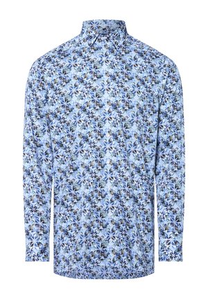 Koszula z długim rękawem z niebieskim wzorem kwiatowym, z zapięciem na guziki i wysokim kołnierzem. Tkanina wydaje się gładka i lekka.