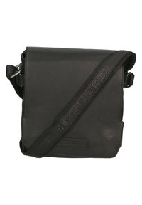 Borsa a tracolla nera in pelle con finitura testurizzata, tracolla regolabile e dettaglio del logo in rilievo sul davanti e sulla tracolla.