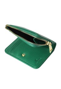 Green leather wallet with a textured finish, featuring a zip closure, card slots, and a gold-toned hardware accent.