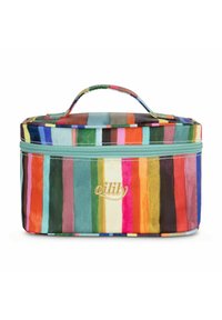 Bolsa de cosméticos a rayas coloridas con cierre de cremallera, detalles en turquesa y un asa superior para facilitar su transporte. El material parece suave y duradero.