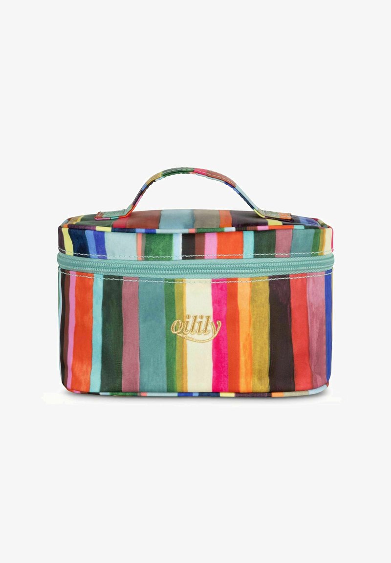 Bolsa de cosméticos a rayas coloridas con cierre de cremallera, detalles en turquesa y un asa superior para facilitar su transporte. El material parece suave y duradero.