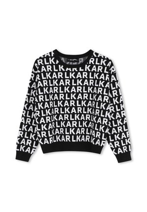 Pull noir à manches longues avec motif de texte blanc répété "KARL" couvrant l'ensemble du vêtement, poignets, ourlet et encolure côtelés.