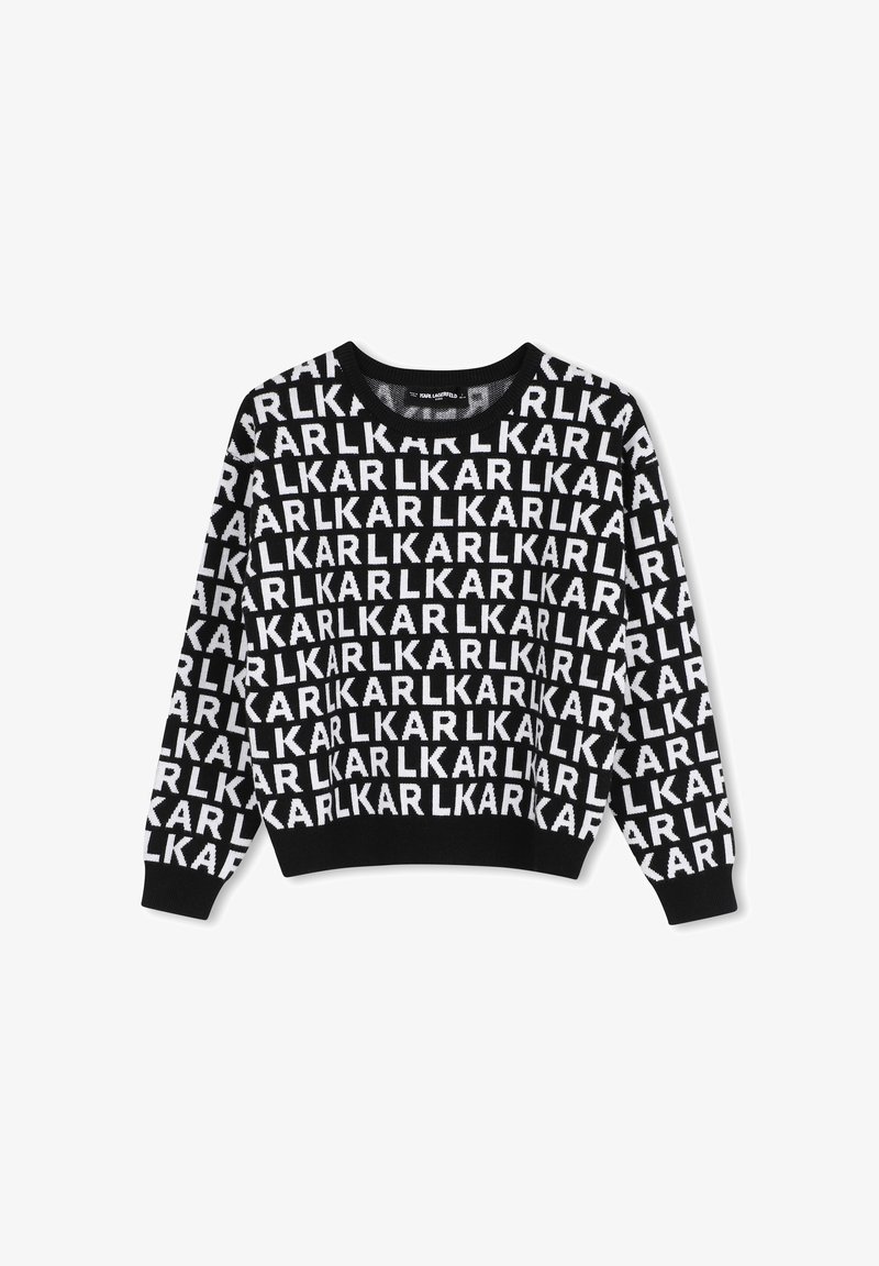 Pull noir à manches longues avec motif de texte blanc répété "KARL" couvrant l'ensemble du vêtement, poignets, ourlet et encolure côtelés.