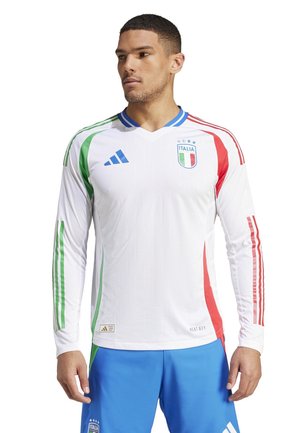 Maglia da calcio a maniche lunghe bianca con accenti verdi, rossi e blu. Presenta il logo dell'Italia e le strisce Adidas sulle spalle. Tessuto dalla texture liscia.
