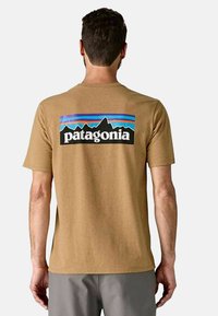 Camiseta de algodón marrón con un gráfico colorido de montañas y el texto "patagonia" en la parte posterior, de manga corta y cuello redondo.
