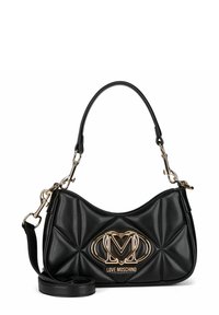 Borsa a tracolla in pelle trapuntata nera con logo "M" in metallo dorato e testo "Love Moschino", manici superiori e tracolla staccabile.