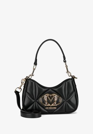 Borsa a tracolla in pelle trapuntata nera con logo "M" in metallo dorato e testo "Love Moschino", manici superiori e tracolla staccabile.
