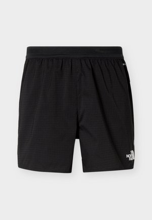 Zwarte atletische shorts van The North Face met elastische tailleband en subtiel rasterpatroon, logo gedrukt op het onderste rechterbeen.