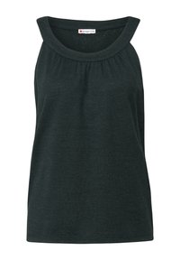 Débardeur vert foncé sans manches avec un col arrondi large et un drapé à l'avant. Fabriqué en tissu doux et léger. Texture lisse.