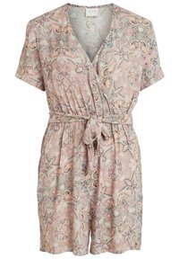 Kortärmad jumpsuit i ljusrosa med paisleymönster, med en omslag framtill och ett knytbälte i midjan. Tillverkad av mjukt tyg.