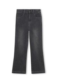 Jeans de denim negro con corte relajado, bolsillos frontales, presillas para cinturón, cierre de botón y pequeñas eyelets de metal como embellishments cerca de los bolsillos.
