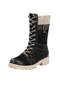 Black suede knee-high boot with a grey felt cuff, lace-up design, and a beige sole. Features a metal buckle accent and textured stitching.