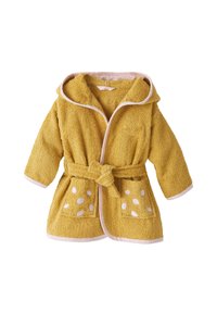 Yellow hooded bathrobe with a textured finish, featuring pink trim and white polka dots on the pockets, tied with a fabric belt.