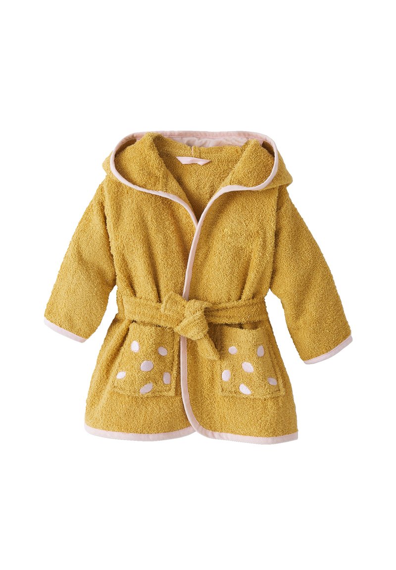 Yellow hooded bathrobe with a textured finish, featuring pink trim and white polka dots on the pockets, tied with a fabric belt.