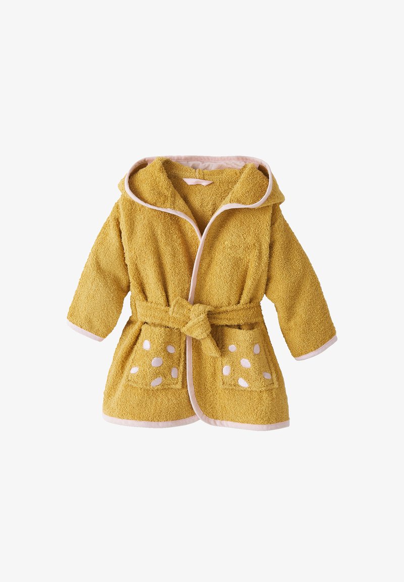 Yellow hooded bathrobe with a textured finish, featuring pink trim and white polka dots on the pockets, tied with a fabric belt.