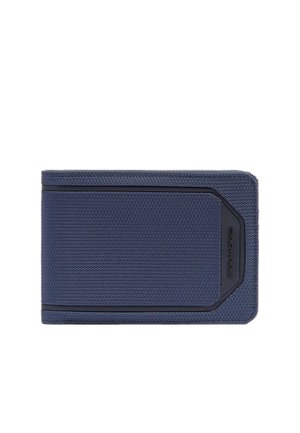 Cartera compacta de tela azul marino con una superficie texturizada y detalles en negro, vista cerrada que muestra el panel frontal.