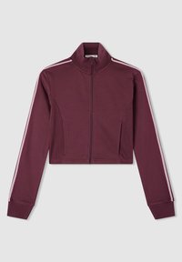 Giacca cropped zip-up color bordeaux con colletto alto e maniche lunghe, caratterizzata da due righe bianche lungo ciascun braccio e tasche frontali.