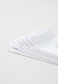 Empilement de cinq chaussettes de sport blanches avec des bords côtelés, présentées sur un fond clair, mettant en valeur leur douceur et leur texture.