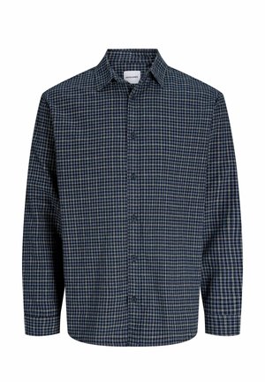 Chemise homme à manches longues boutonnée avec motif à carreaux bleu foncé, blanc et gris et col pointu.