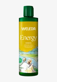 Weleda Energy Duschgel, 400 ml, grüne Flasche mit gelbem Etikett, zeigt eine Illustration von zwei Personen und Naturelementen.