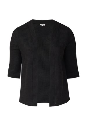 Schwarze offene Strickjacke mit ellbogenlangen Ärmeln und strukturiertem Muster, auf weißem Hintergrund präsentiert.