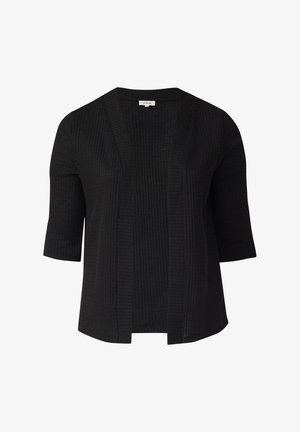 Czarny otwarty sweter z dzianiny z rękawami do łokcia i teksturowanym wzorem, pokazany na białym tle.