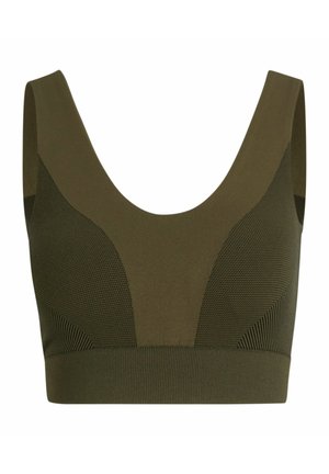 Olive green sports bra with a scoop neck, wide straps, and textured panels. Features a smooth elastic band at the bottom. Stretchy material.