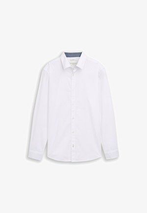 Weißes Herrenhemd mit langen Ärmeln, Knopfleiste vorne und kontrastierendem innerem Kragenfutter.