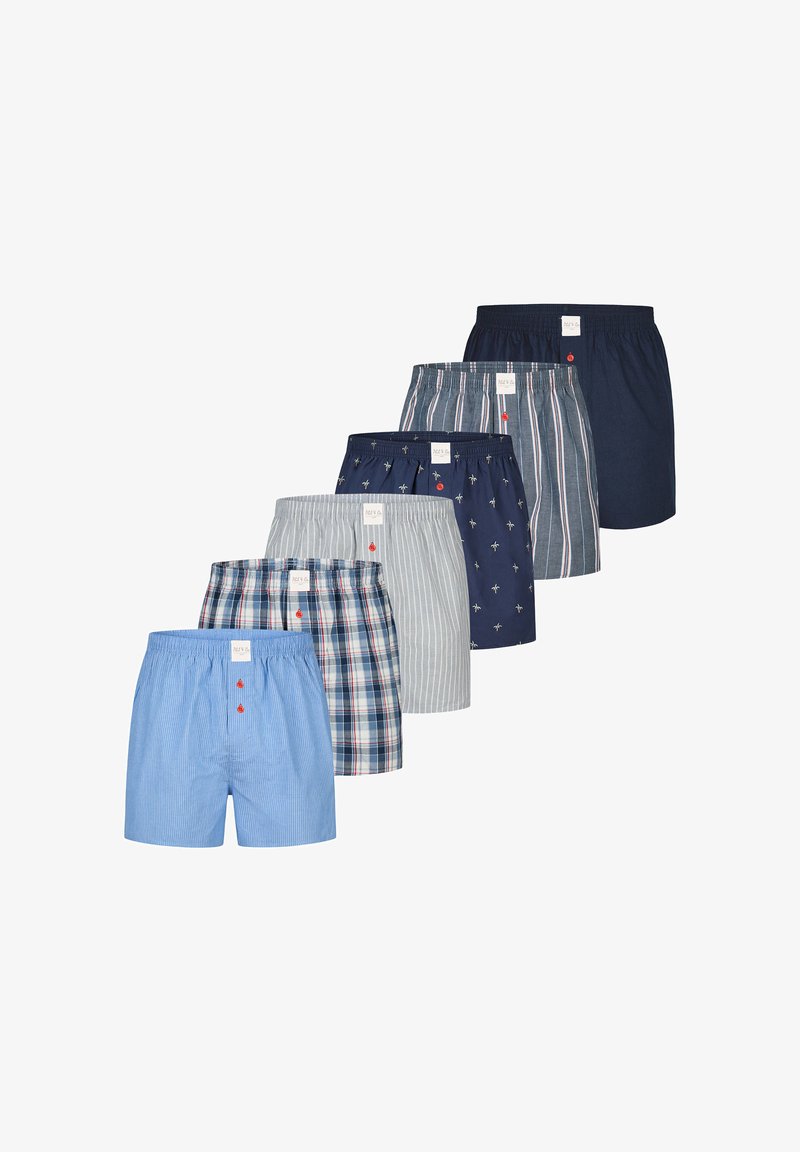 Conjunto de siete pares de bóxers para hombre en varios colores y patrones: azul marino sólido, a rayas, a cuadros y con motivos de palmeras impresos. Cinturas elásticas.
