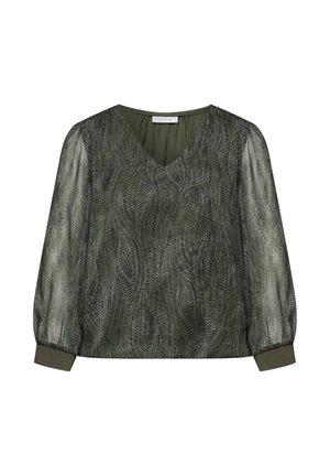 Doorzichtige olijfgroene blouse met zwart bladachtig patroon, V-hals, lange pofmouwen met aansluitende manchetten en een losse pasvorm.