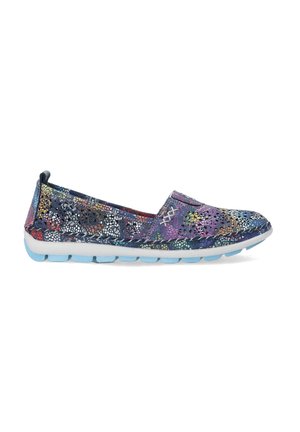 Zapatos sin cordones con un patrón floral multicolor, hechos de tela transpirable, con suela de goma azul claro y diseño ligero.