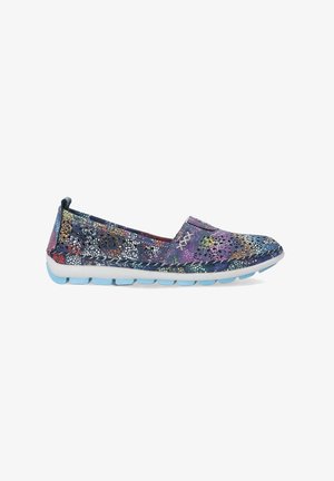 Chaussures à enfiler avec un motif floral multicolore, fabriquées en tissu respirant, dotées d'une semelle en caoutchouc bleu clair et d'un design léger.