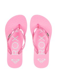 Lyserøde flip-flops med glitrende stropper, teksturerede såler og et sølvlogo designet på sålen. Klassisk tætsiddende stil, letvægtsmateriale.