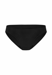 Culotte de bikini noire en tissu lisse et extensible ; au design taille basse et à couverture moyenne pour un ajustement confortable.