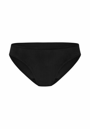 Schwarze Bikini-Brieftaschen aus glattem, dehnbarem Stoff; bieten ein Low-Rise-Design und mittlere Abdeckung für einen komfortablen Sitz.