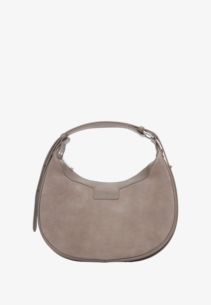 Beżowa zamszowa torebka na ramię o zaokrąglonym kształcie, z gładkimi skórzanymi akcentami, regulowanym paskiem i subtelnym logo marki z przodu.