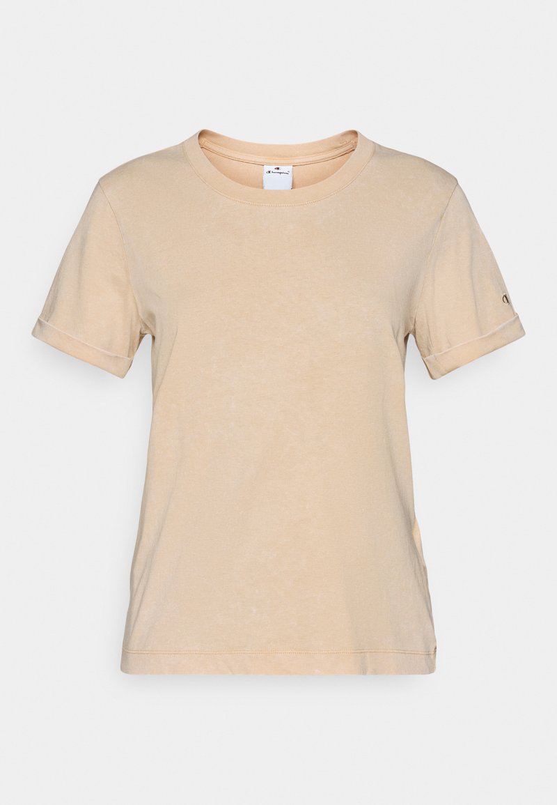 Beige Baumwoll-T-Shirt mit kurzen Ärmeln, Rundhals und umgeschlagenen Bündchen. Verfügt über eine dezente Textur und ein Logo am linken Ärmel.