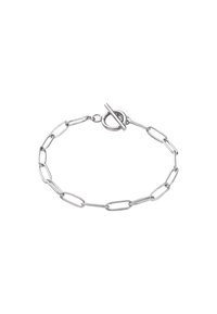 Bracciale in argento con anelli allungati e chiusura a perno. Superficie metallica liscia e lucida; presenta un design minimalista.