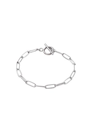 Bracciale in argento con anelli allungati e chiusura a perno. Superficie metallica liscia e lucida; presenta un design minimalista.