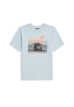 Helehall sinine puuvillane T-särk, millel on oranži "O'Neill" logoga graafiline trükk, mustvalge rannavaate pilt ja allpool tekst.