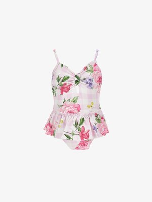 Ροζ και λευκό καρό μαγιό μωρού με λουλουδένιο μοτίβο, άνοιγμα μπροστά, λεπτές τιράντες και λεπτομέρεια με βολάν γύρω από τη μέση.