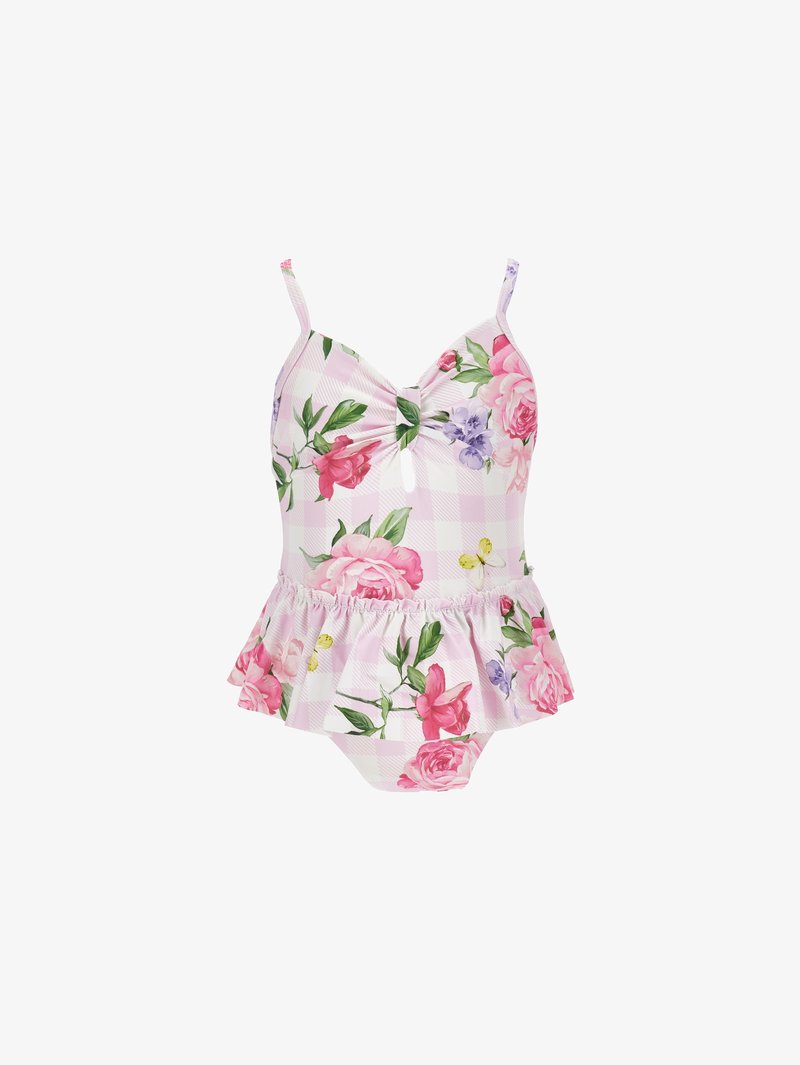 Ροζ και λευκό καρό μαγιό μωρού με λουλουδένιο μοτίβο, άνοιγμα μπροστά, λεπτές τιράντες και λεπτομέρεια με βολάν γύρω από τη μέση.