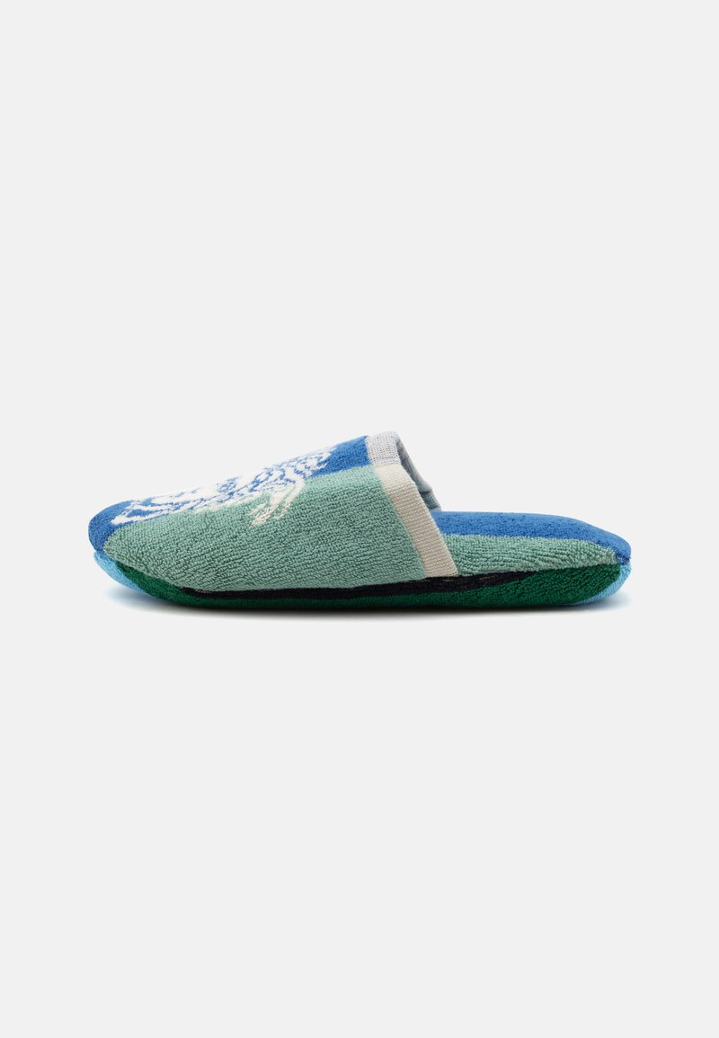 Soft fabric house slipper in blue and green with white embroidered detail, open back, and slip-on style shown from side view.