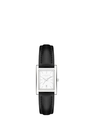 Rechteckige silberne Uhr mit weißem Zifferblatt, schwarzem Lederarmband, silbernen Stundenmarkierungen, drei Zeigern, Datumsanzeige und "Liebeskind Berlin" Branding.