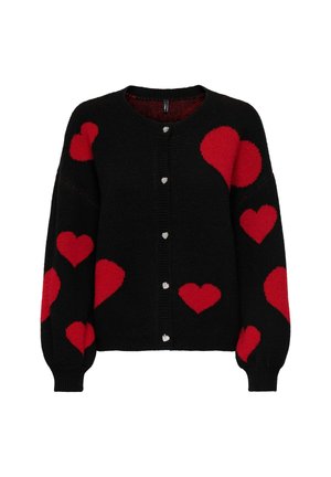 Cardigan en tricot noir avec de grands motifs en forme de cœur rouge, fermeture à boutons et poignets côtelés. Fabriqué dans un matériau doux avec des boutons en forme de cœur argentés.
