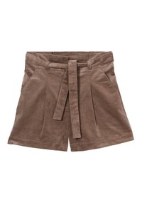 Shorts en velours côtelé brun avec une taille ceinturée, un devant plissé et des poches latérales. Tissu texturé avec une apparence douce et côtelée.