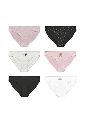 Sei paia di slip da donna: rosa chiaro con piccoli cuori, nero con stampa a cuore, grigio con grafica a cuore, rosa con orsetto, nero e bianco con testo.