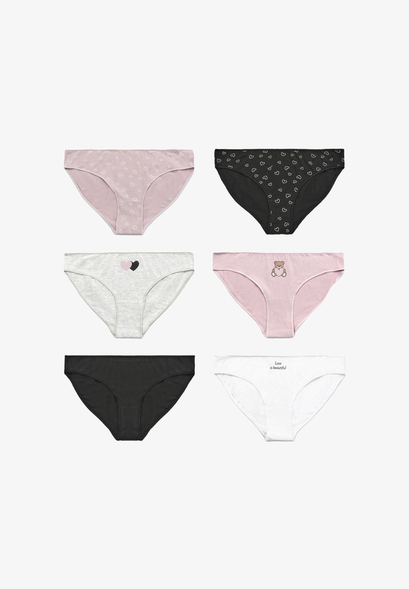 Sei paia di slip da donna: rosa chiaro con piccoli cuori, nero con stampa a cuore, grigio con grafica a cuore, rosa con orsetto, nero e bianco con testo.