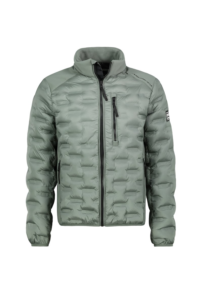 Hellgrüne gepolsterte Jacke mit hohem Kragen, Reißverschlusstaschen auf der Vorderseite und der Brust sowie elastischen Bündchen an den Ärmeln.